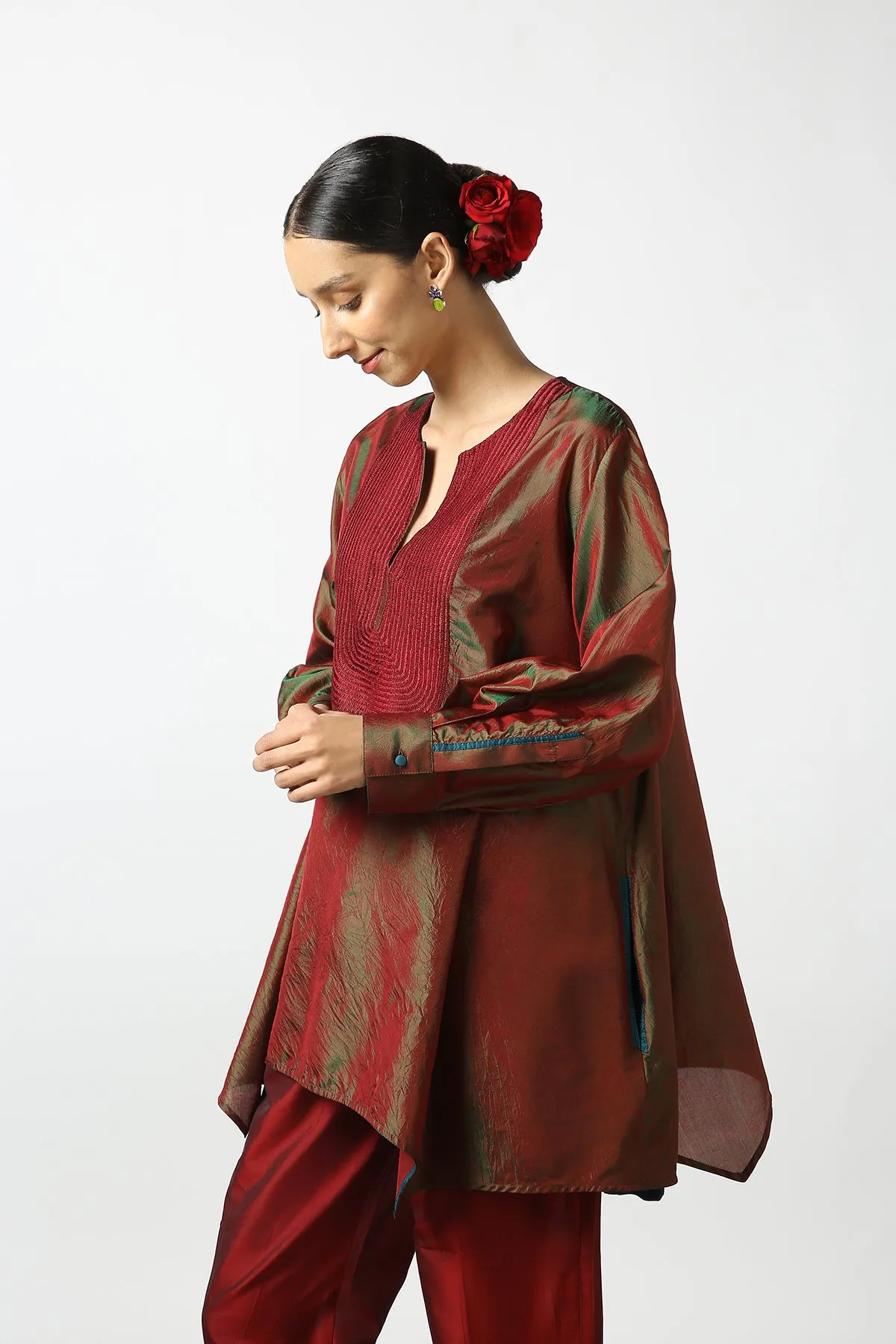 Maroon Silk Hand Embroidered Short Phiran Top