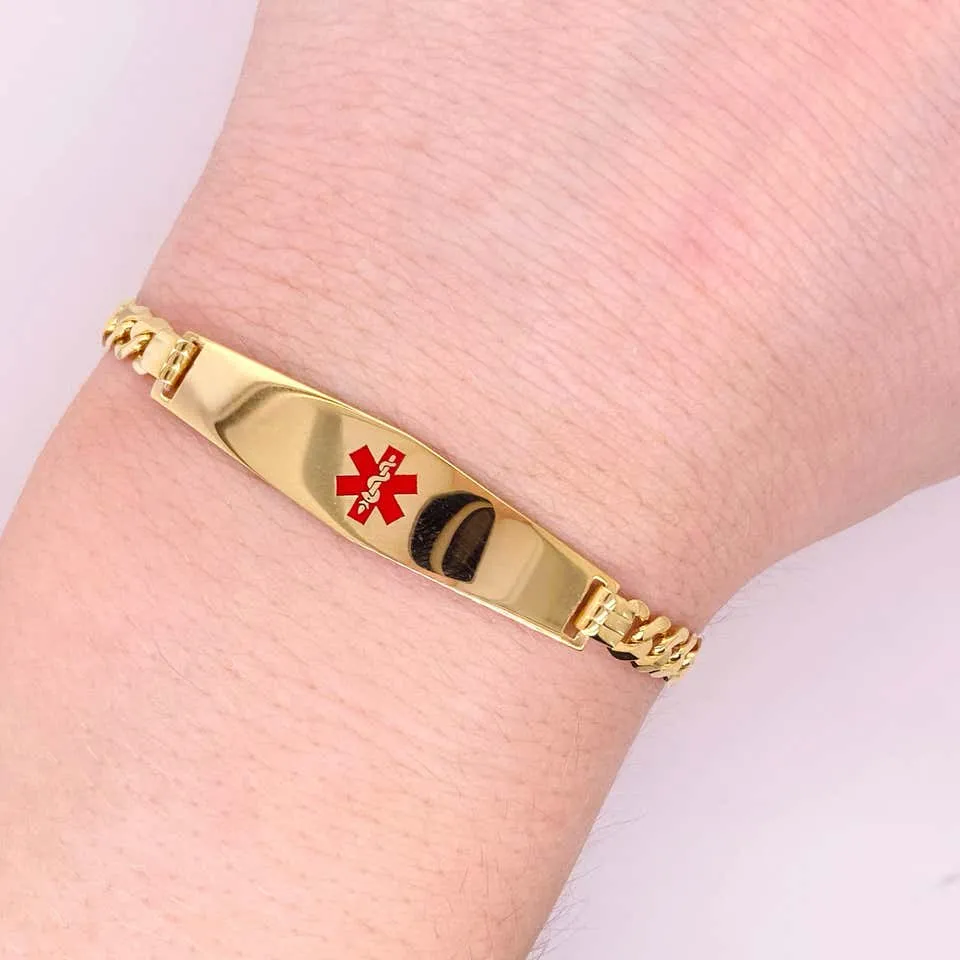 Medical Alert Bracelet 14K Yellow Gold  Red Enamel Medical Caduceus, 7 Day Delivery