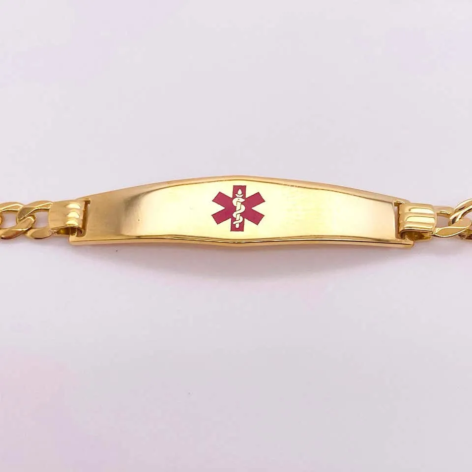 Medical Alert Bracelet 14K Yellow Gold  Red Enamel Medical Caduceus, 7 Day Delivery