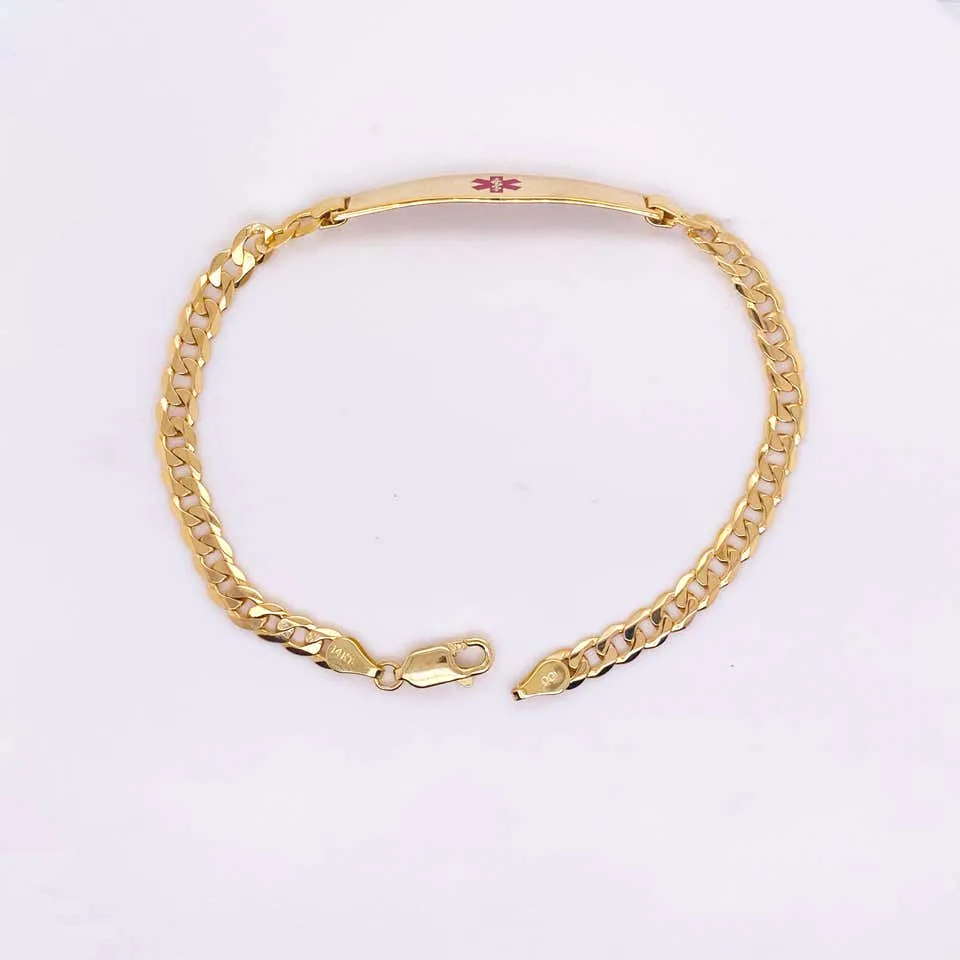 Medical Alert Bracelet 14K Yellow Gold  Red Enamel Medical Caduceus, 7 Day Delivery