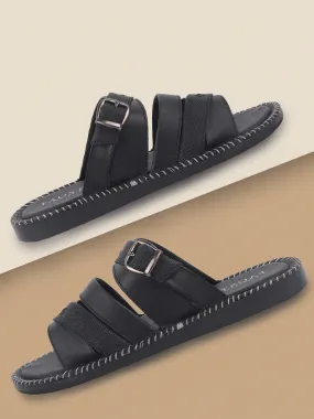 Men Black Slip On TPR Sole Side Stitch Outdoor & Indoor Slippers Men Black Slip On TPR Sole Side Stitch Outdoor & Indoor Slippers