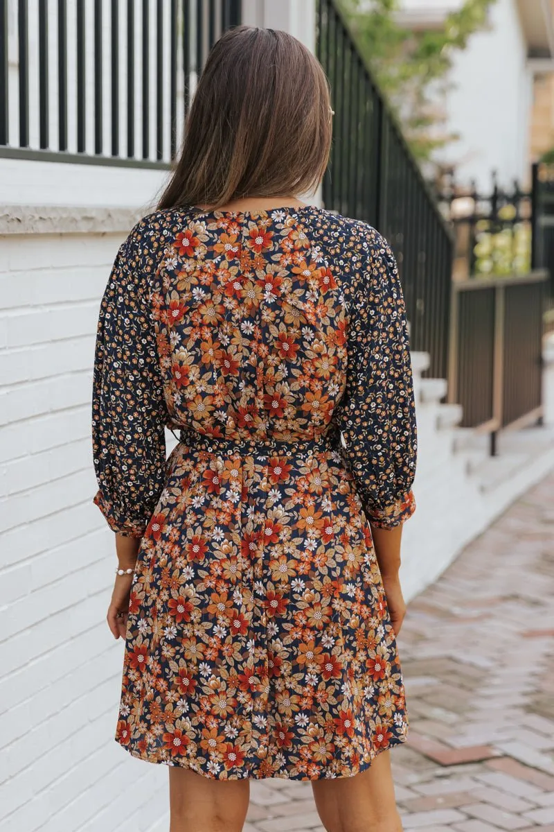 Multi Floral Print Waist Tie Mini Dress