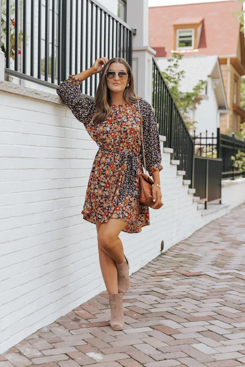 Multi Floral Print Waist Tie Mini Dress