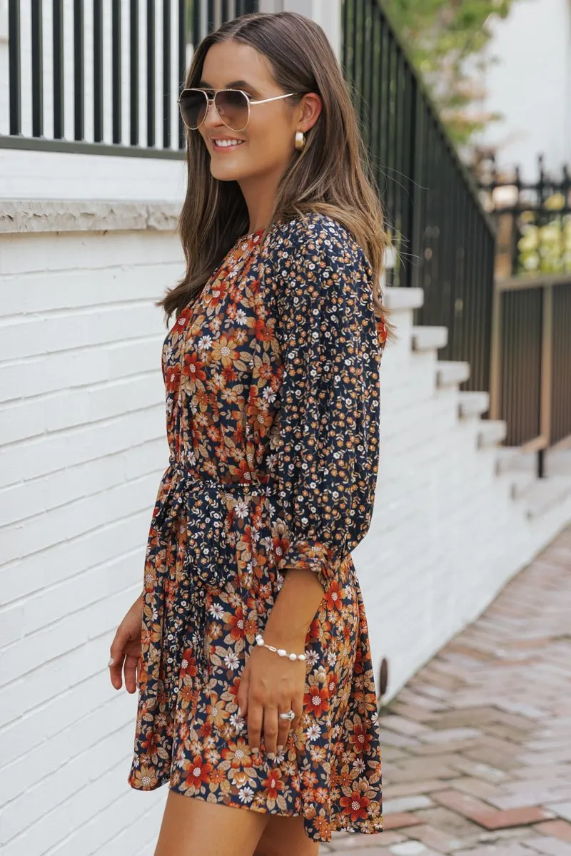 Multi Floral Print Waist Tie Mini Dress