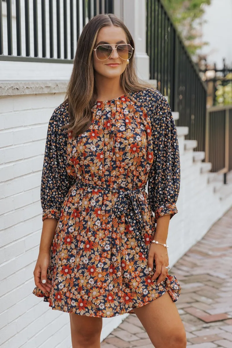 Multi Floral Print Waist Tie Mini Dress