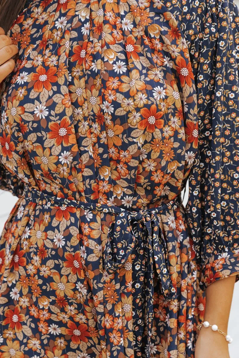 Multi Floral Print Waist Tie Mini Dress