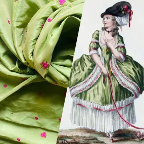 NEW Duchess Penny Lime Green Iridescence Faux Silk Embroidered Pink Floral Fabric NEW Duchess Penny Lime Green Iridescence Faux Silk Embroidered Pink Floral Fabric
