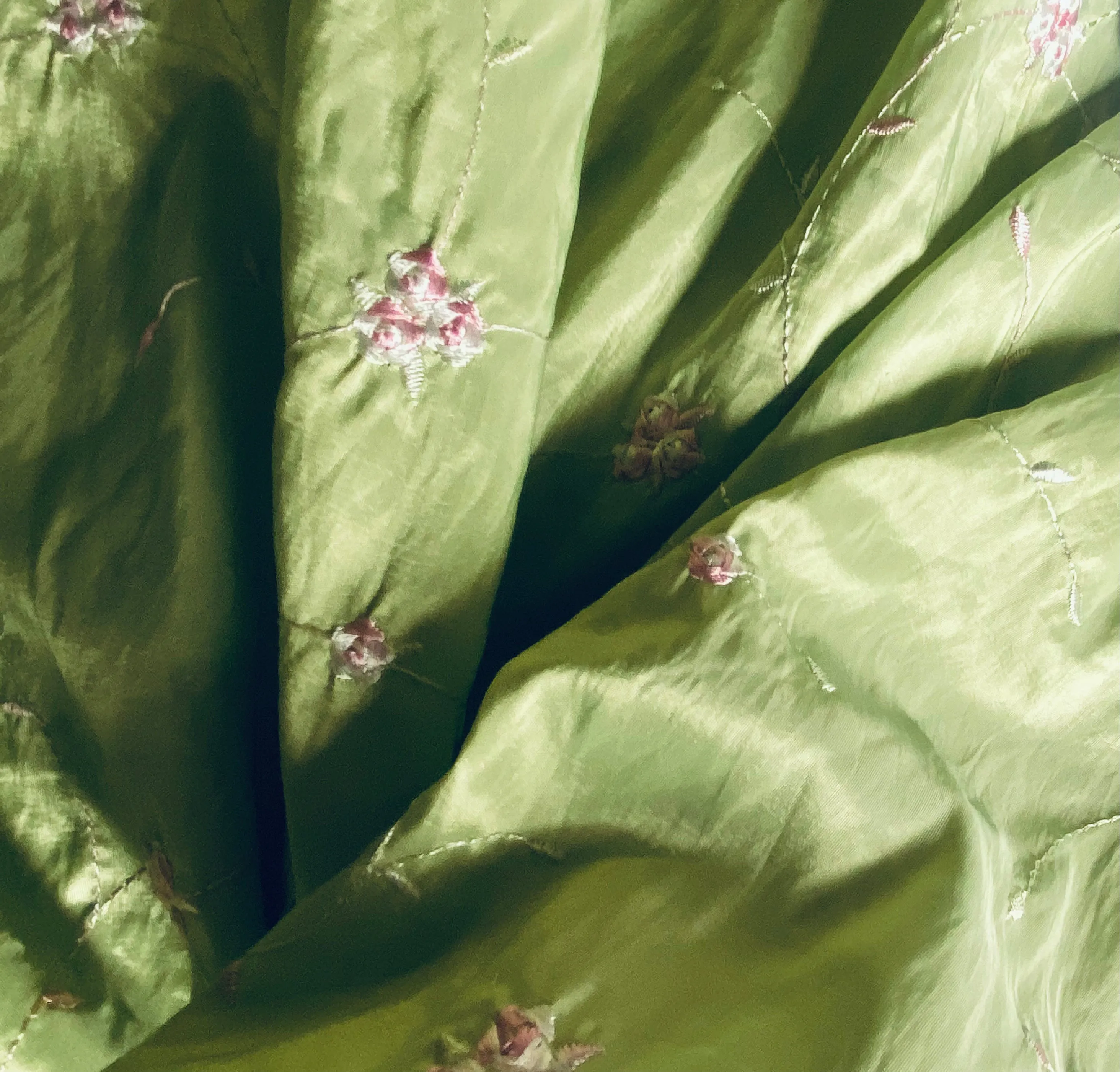 NEW Duchess Rosalie Lime Green Iridescence Faux Silk Embroidered Pink Floral Fabric