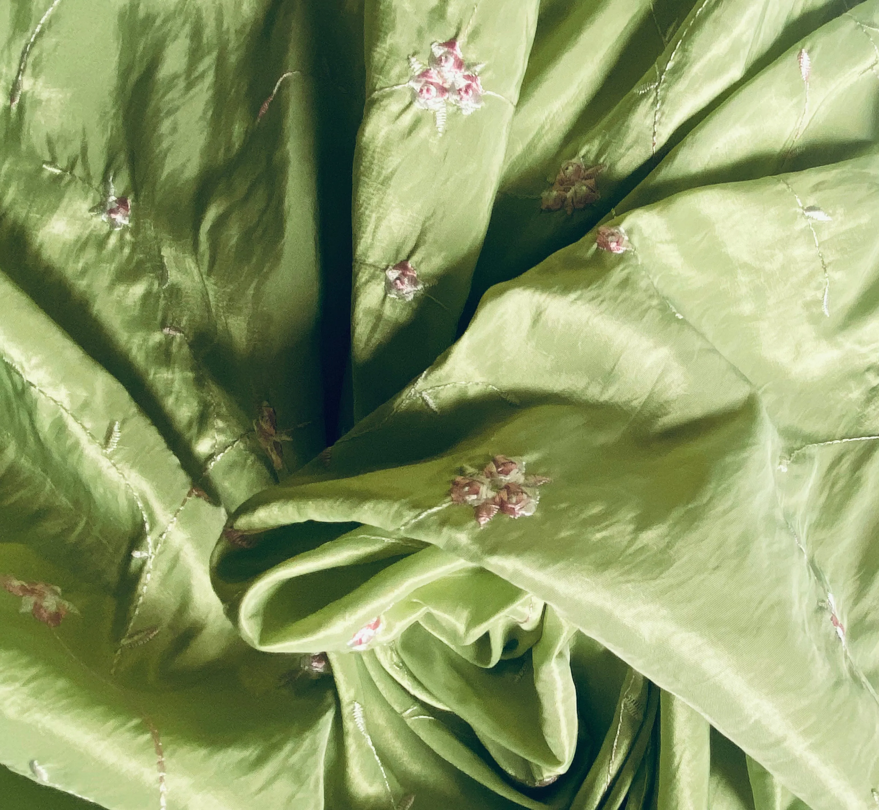 NEW Duchess Rosalie Lime Green Iridescence Faux Silk Embroidered Pink Floral Fabric