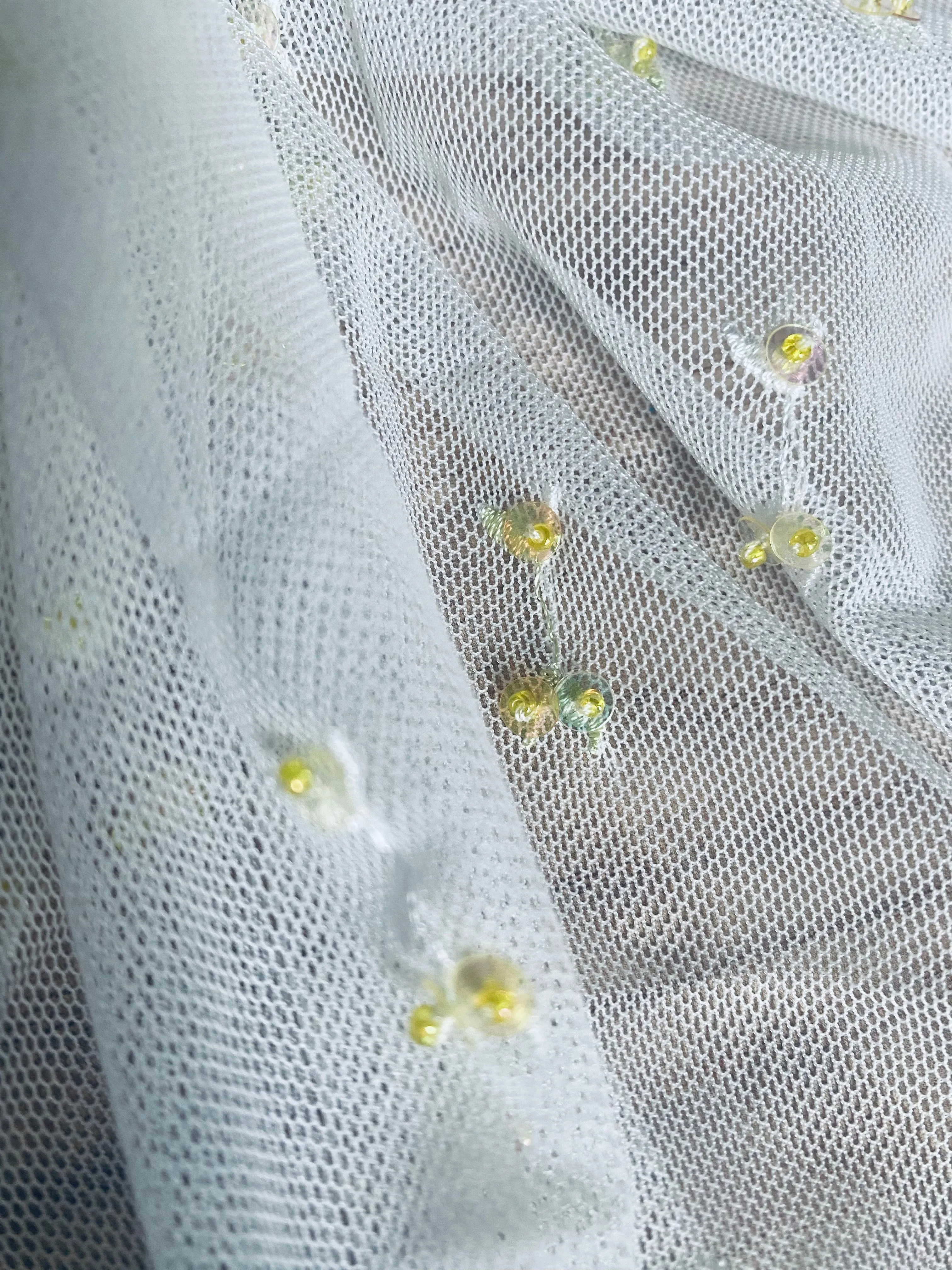 NEW Lady Nita Tulle in White with Yellow Beaded Embroidered Flowers Fabric
