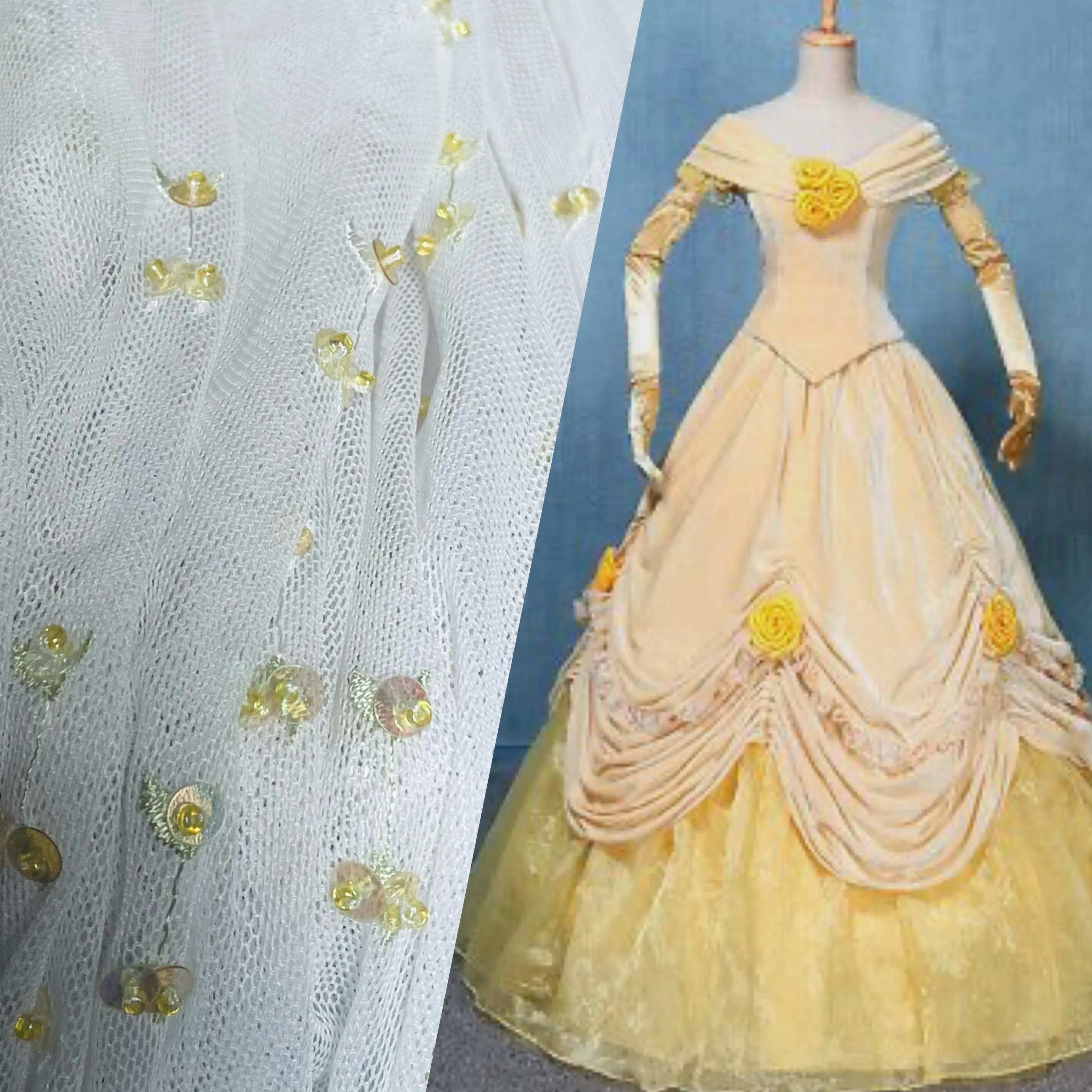 NEW Lady Nita Tulle in White with Yellow Beaded Embroidered Flowers Fabric