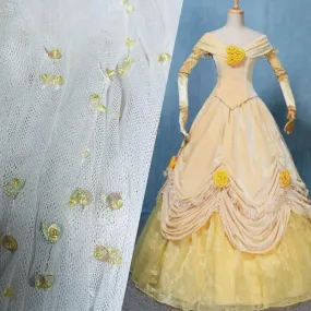 NEW Lady Nita Tulle in White with Yellow Beaded Embroidered Flowers Fabric NEW Lady Nita Tulle in White with Yellow Beaded Embroidered Flowers Fabric