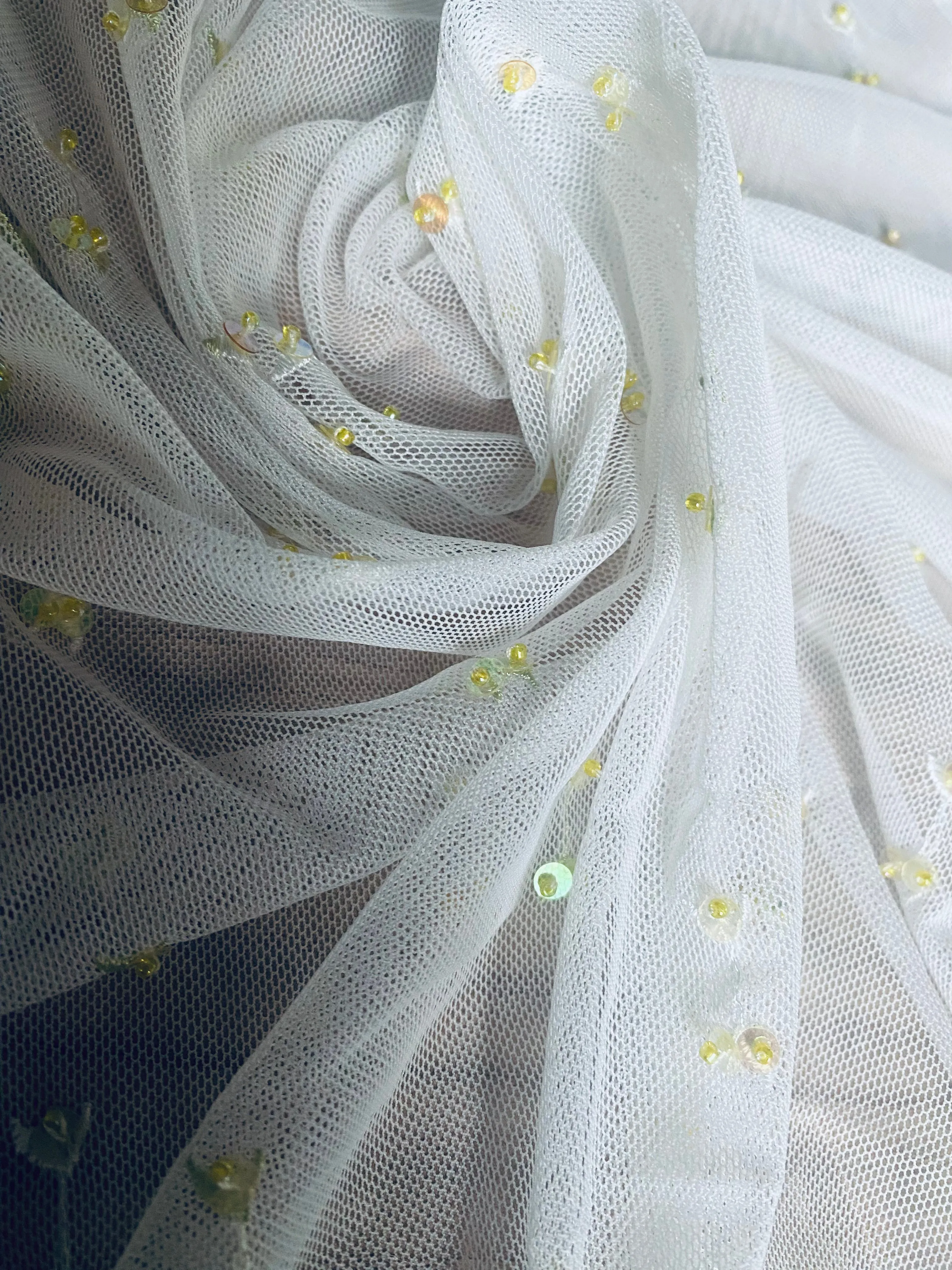 NEW Lady Nita Tulle in White with Yellow Beaded Embroidered Flowers Fabric