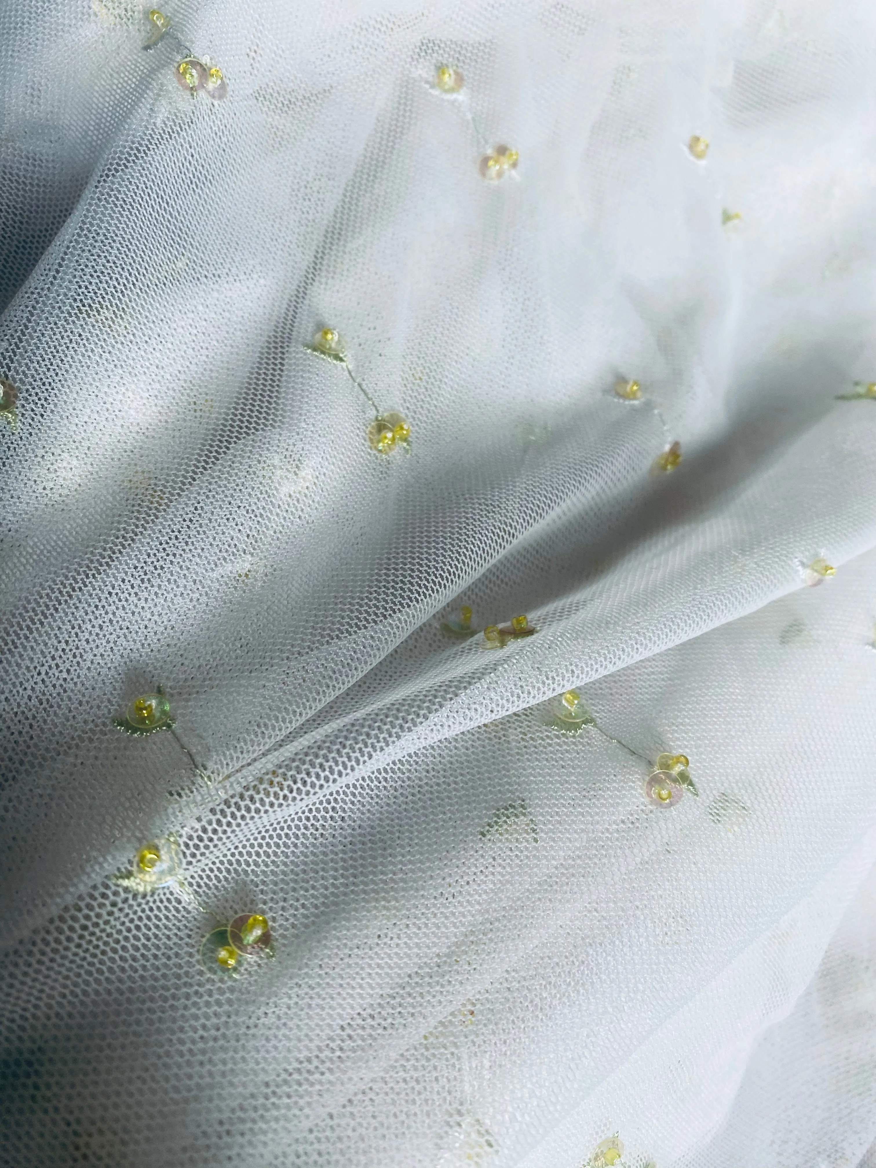 NEW Lady Nita Tulle in White with Yellow Beaded Embroidered Flowers Fabric