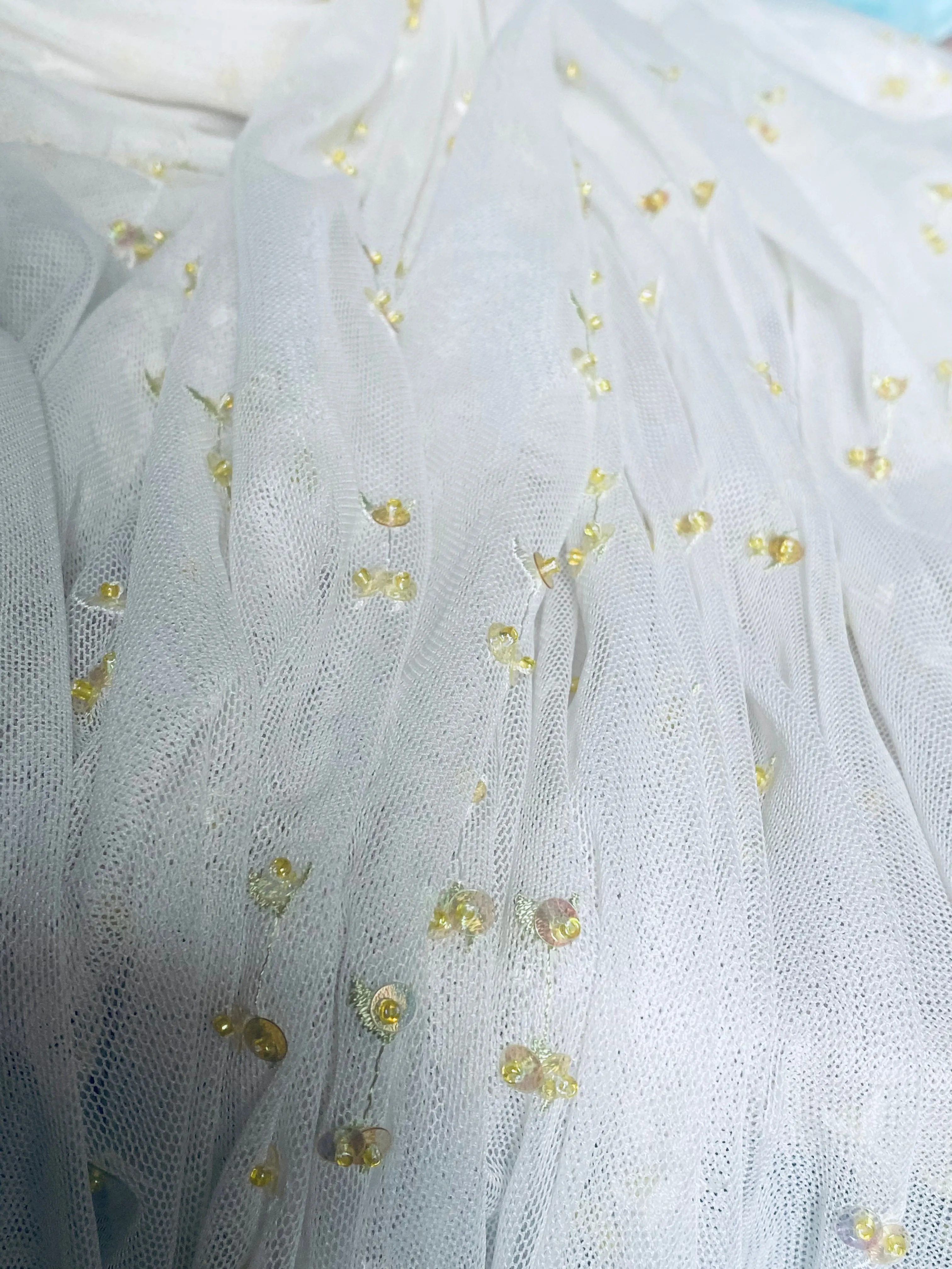 NEW Lady Nita Tulle in White with Yellow Beaded Embroidered Flowers Fabric
