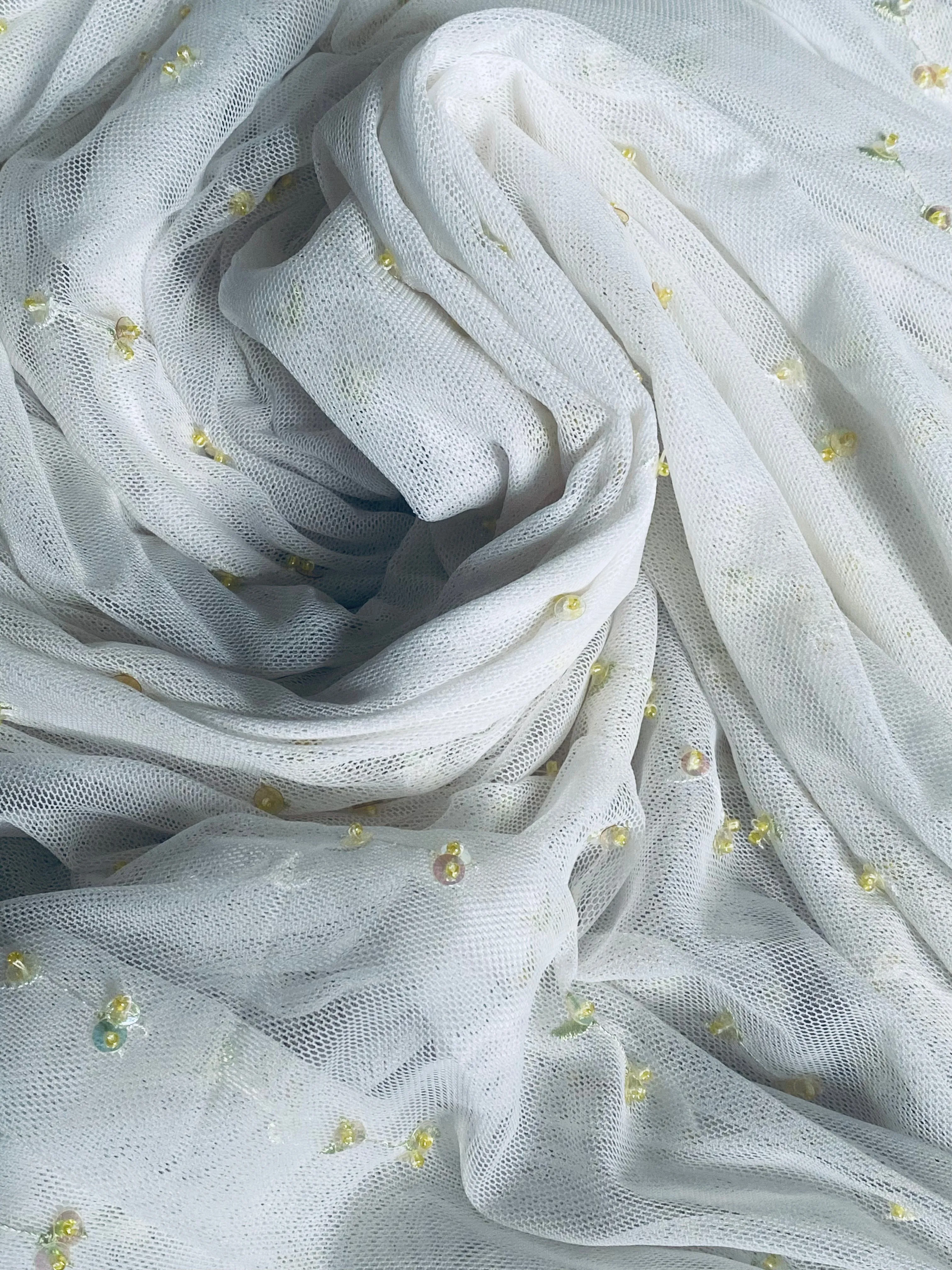 NEW Lady Nita Tulle in White with Yellow Beaded Embroidered Flowers Fabric