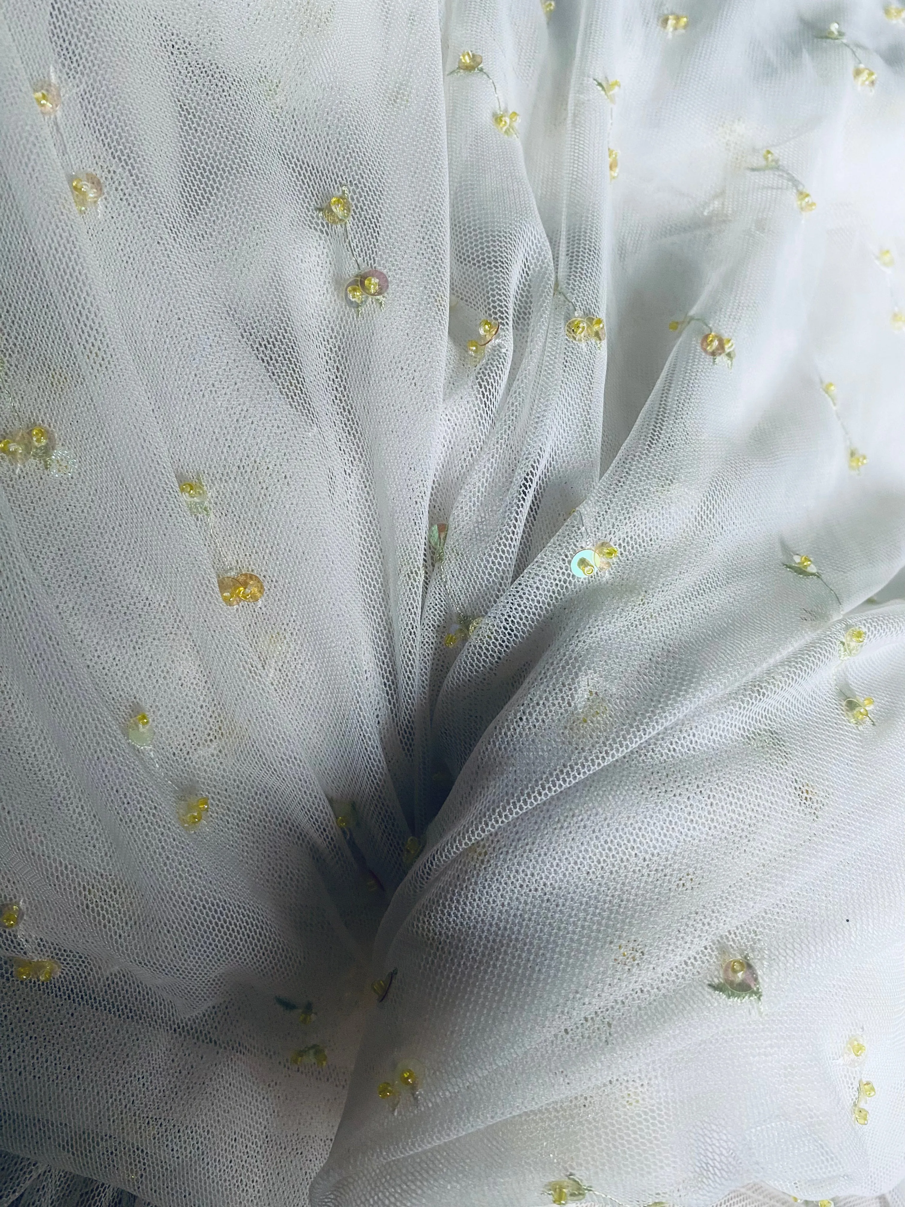 NEW Lady Nita Tulle in White with Yellow Beaded Embroidered Flowers Fabric