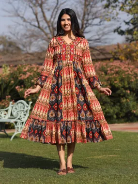 Rust Ikat Printed Cotton Maxi Dress with Embroidered Neckline Rust Ikat Printed Cotton Maxi Dress with Embroidered Neckline