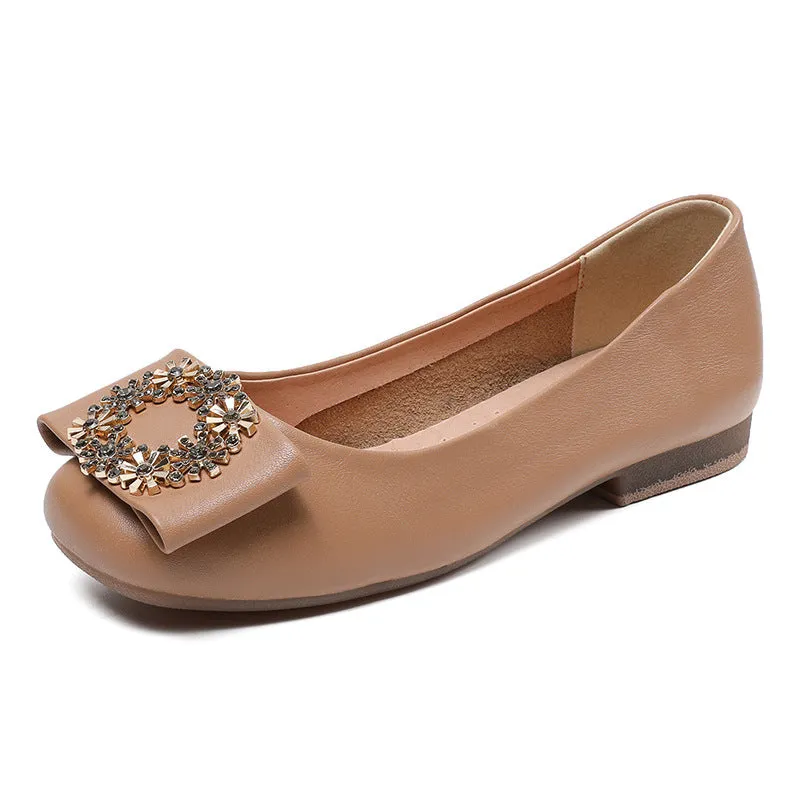 Women Soft Leather Crystal Casual Flats